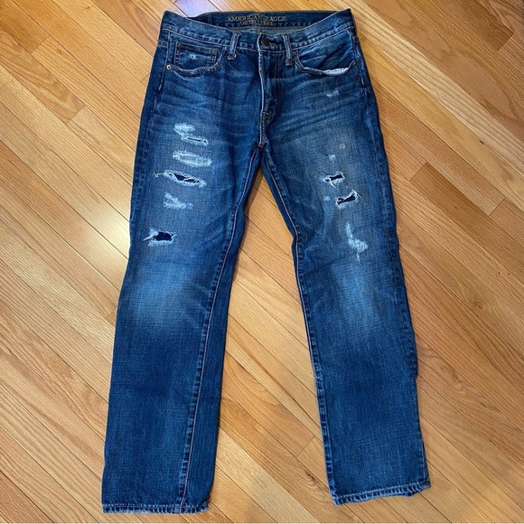 American Eagle Jeans Mens 31x32 Original Straight Distressed Dark Wash - Picture 1 of 9